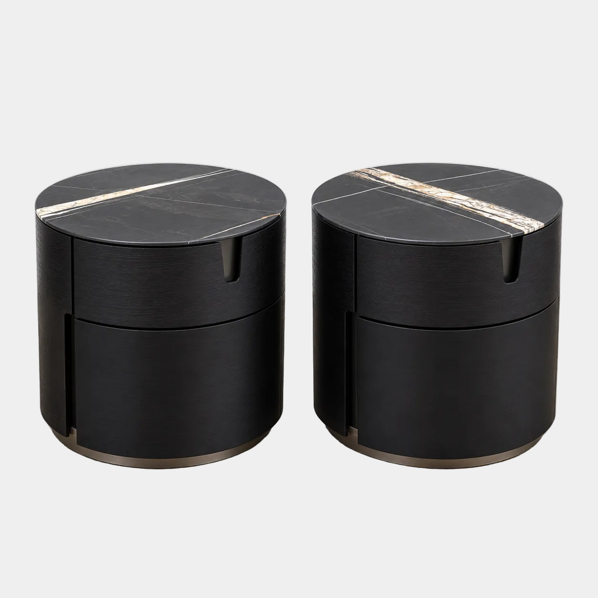 Two cylindrical Porada Tylsa 54 Nightstand Set of 2 units with dark marble tops featuring a single light-colored vein.