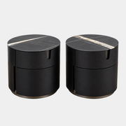 Two cylindrical Porada Tylsa 54 Nightstand Set of 2 units with dark marble tops featuring a single light-colored vein.