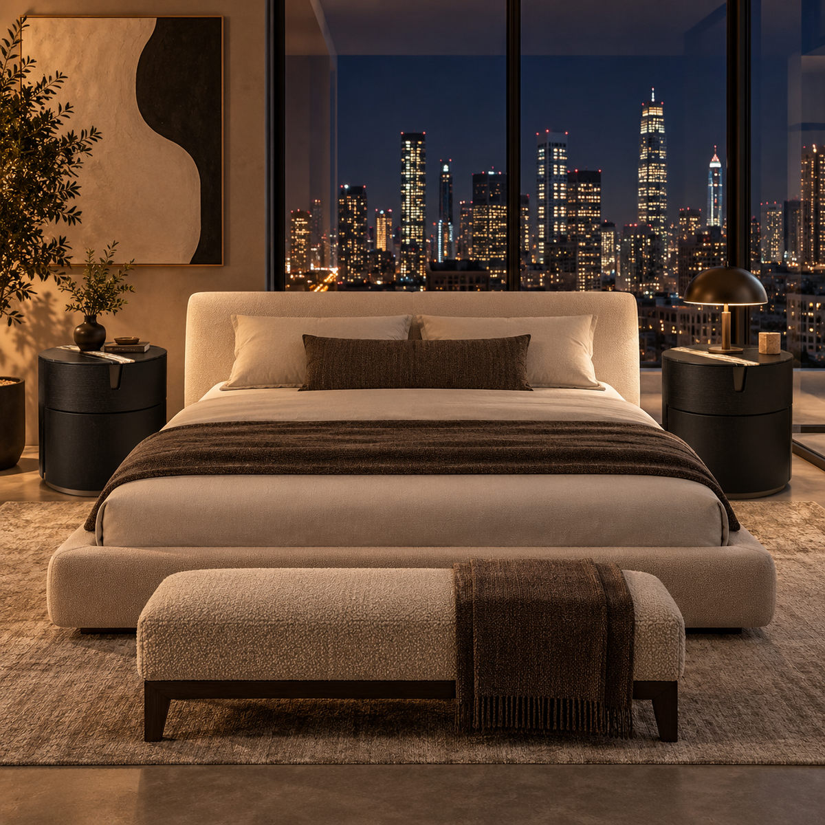 Two cylindrical Porada Tylsa 54 Nightstand Set of 2 units with dark marble tops featuring a single light-colored vein.