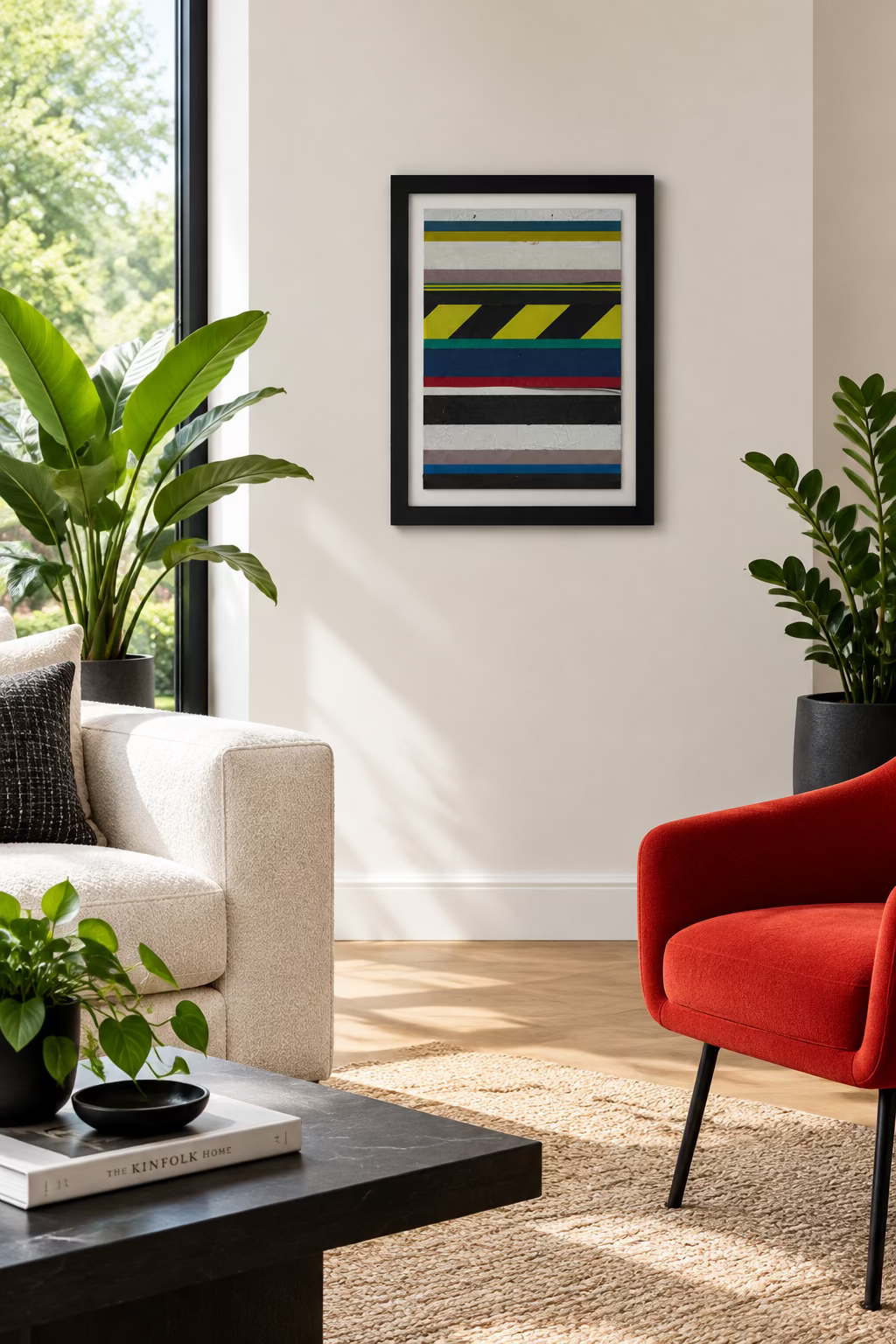 Oscar Berglund Framed Art by Modern Resale shows horizontal colored stripes and a yellow-black diagonal caution stripe, mounted on a white wall.