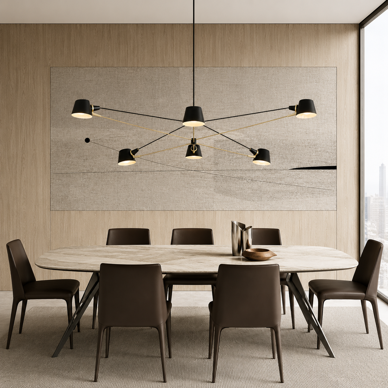 The Pivot chandelier from Ravenhill Studio features six adjustable arms with cone-shaped shades in a modern black finish, suspended against a plain light background to exemplify sculptural lighting characteristic of Ravenhill Studio’s contemporary designs.