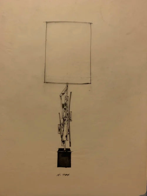 A pair of Vintage Richard Barr Iron Brutalist table lamps for Laurel Lamp Co., featuring abstract black metal bases and cylindrical white shades, set against a plain white background.