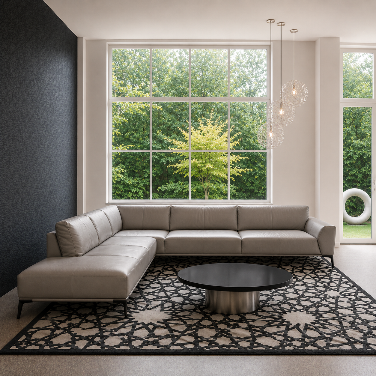 The Moooi Raimond II Pendant by Moooi features a spherical LED design with intersecting metal rods forming a geometric lattice structure, all elegantly suspended from a single cord.