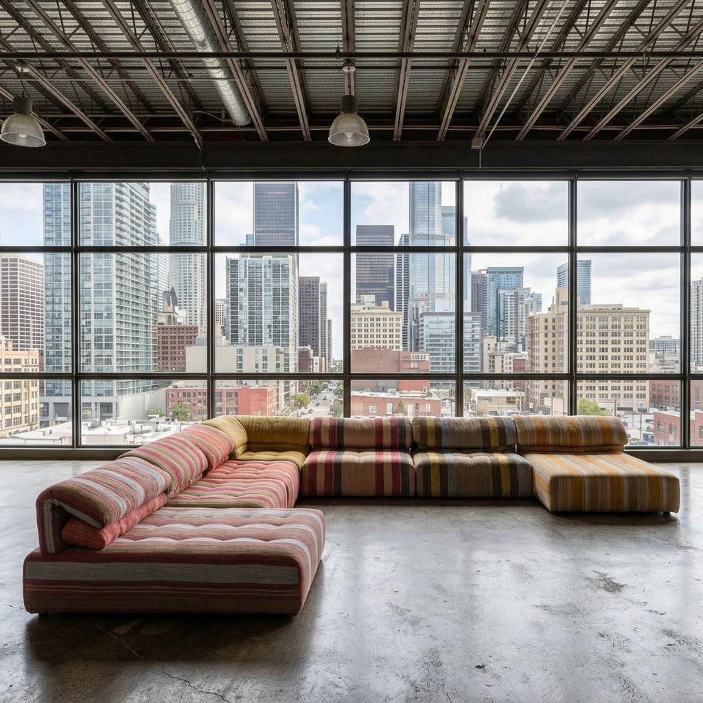 An L-shaped Roche Bobois Voyage Immobile Seven Piece Sectional sofa upholstered in various striped fabric patterns.