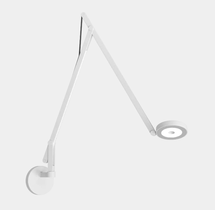 White Rotaliana String W2 Adjustable-Arm Wall Sconce with two adjustable arms and a circular head.