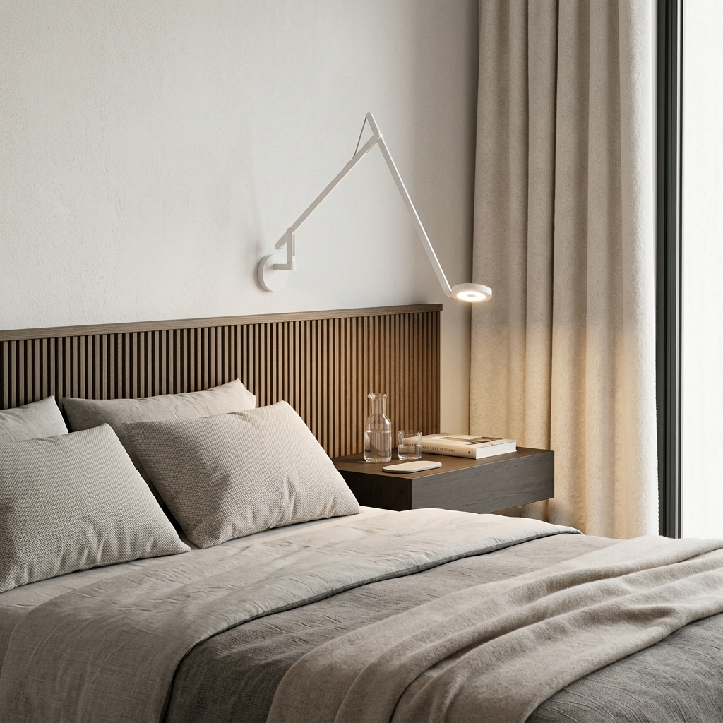 White Rotaliana String W2 Adjustable-Arm Wall Sconce with two adjustable arms and a circular head.