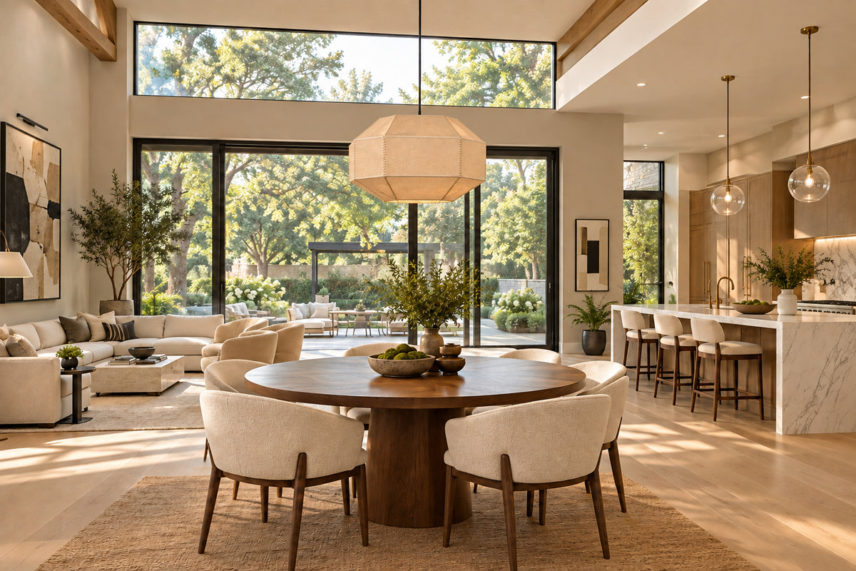 Open-concept living, dining, and kitchen area with neutral decor, large windows, a round wooden table, modern furnishings, and Ruemmler suspension light #656 overlooking a landscaped backyard.