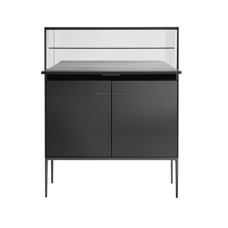 The B&B Italia Eucalipto Living Storage Unit is a sleek black metal cabinet with one drawer, two doors, and slim legs. It offers a minimalist and modern design, perfect for sophisticated bar storage.