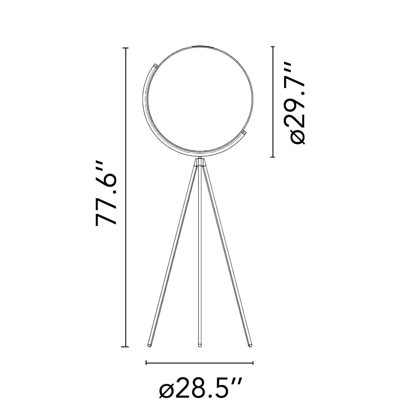 A large circular mirror set in a black metal frame on a tripod stand, isolated against a white background, exudes sophistication akin to the Flos Superloon Floor Light by Flos, providing broad and diffused light that can be dimmed for any ambiance.