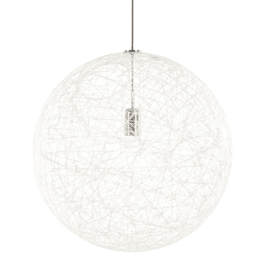 A Moooi Random Pendant suspension light with a white ball, reminiscent of the Moooi Random design, hanging from a light fixture.