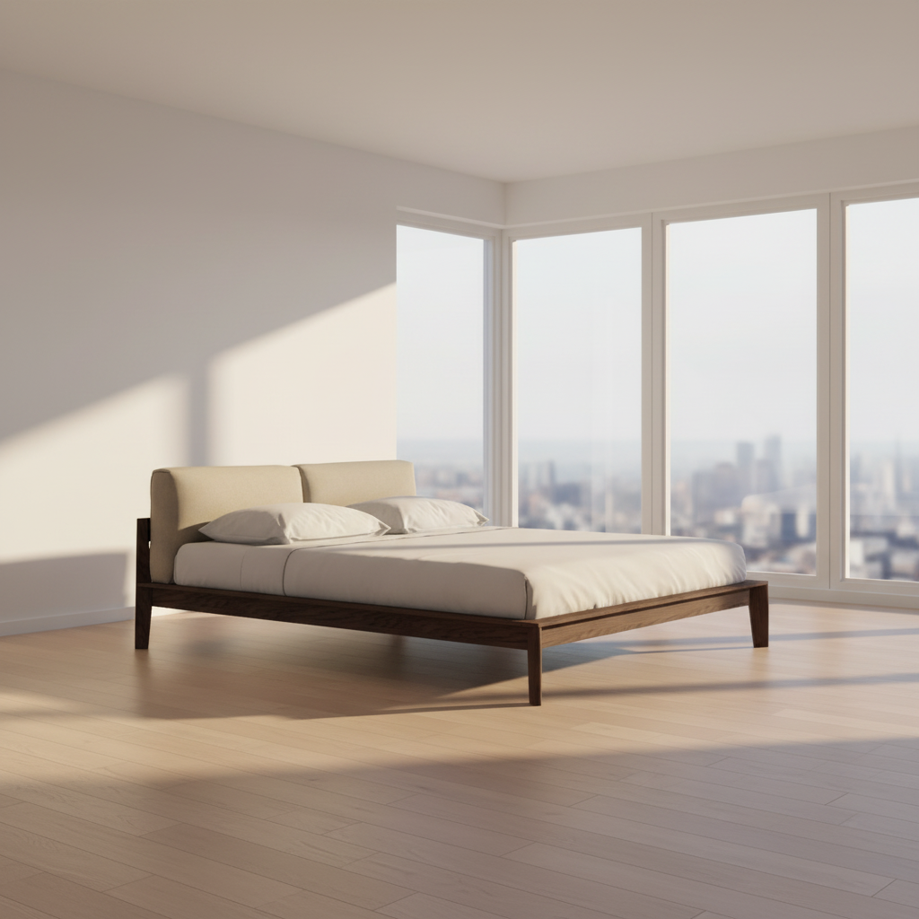 The Molteni &C Wish King Size Bed by Molteni & C features a modern solid wood frame with wooden slats, dark wood edges, and two large beige cushion headrests, shown against a plain white background.
