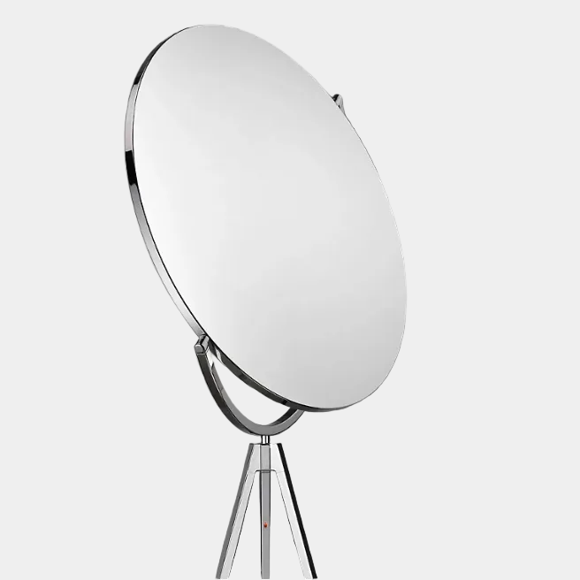 The Flos Superloon Floor Lamp by Flos features a round light on a three-legged chrome stand with a modern tripod design, set against a plain light background.