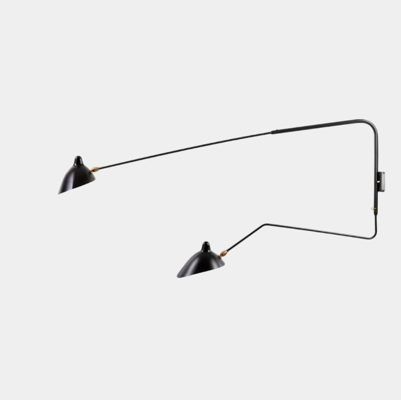 The Serge Mouille Two-Arm Wall Sconce - Black by Serge Mouille features adjustable arms and cone-shaped shades, providing sculptural lighting against a plain white background.