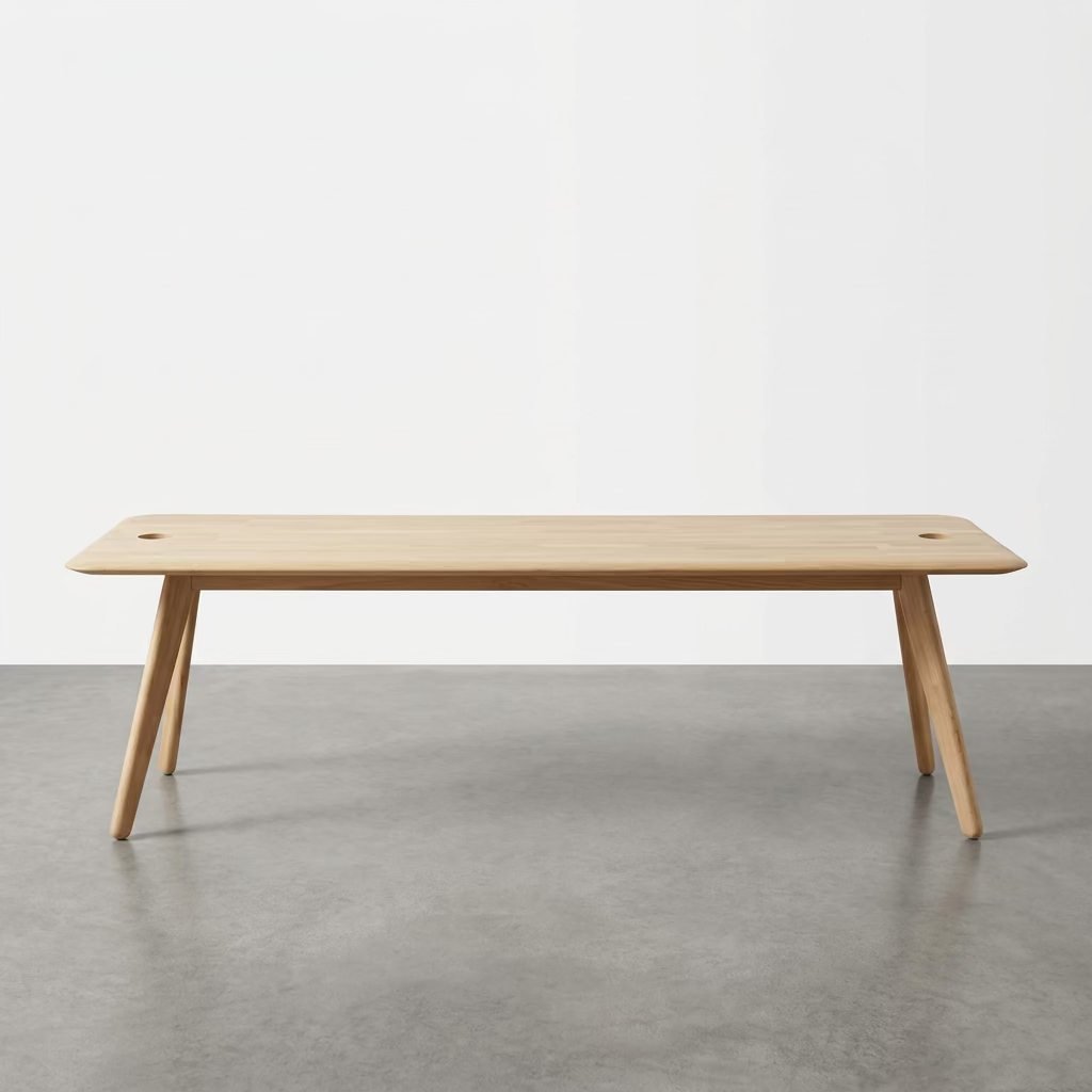 A rectangular solid oak Tom Dixon Slab Desk/Table with cord management, featuring four angled legs and two circular cable management ports on the surface.