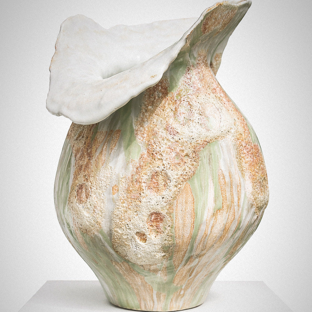 The Sofi Ceramics Florentine Vessel by Artist is a hand-built vase with a wavy, irregular rim and textured surface in pale green, beige, and white with speckled details.