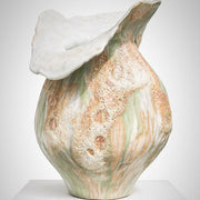 The Sofi Ceramics Florentine Vessel by Artist is a hand-built vase with a wavy, irregular rim and textured surface in pale green, beige, and white with speckled details.