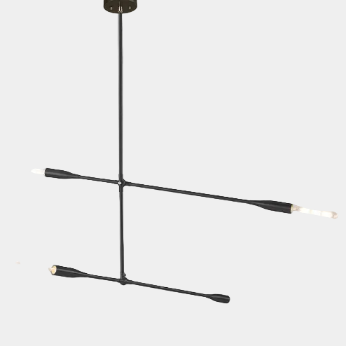 The Sorenthia 2-Arm Light by Ravenhill Studio is a minimalist black metal ceiling fixture featuring four exposed LED bulbs arranged in a cross shape against a plain white ceiling, offering statement lighting with adjustable arms for a modern pendant light aesthetic.