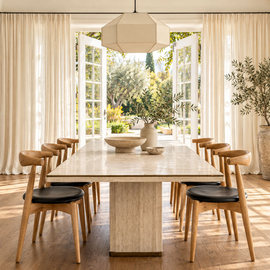 Rectangular Travertine and Brass Dining Table by Willy Rizzo with a brass edge inlay and a central column base.