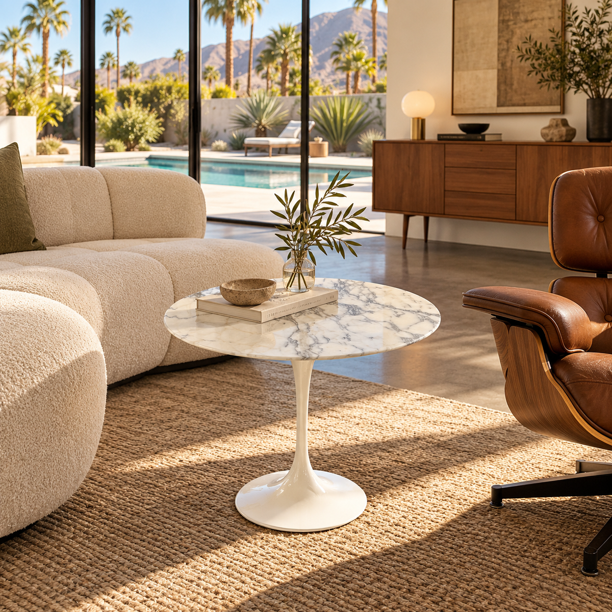 Round Knoll Saarinen Arabescato Marble Top Side Table with a single pedestal base.
