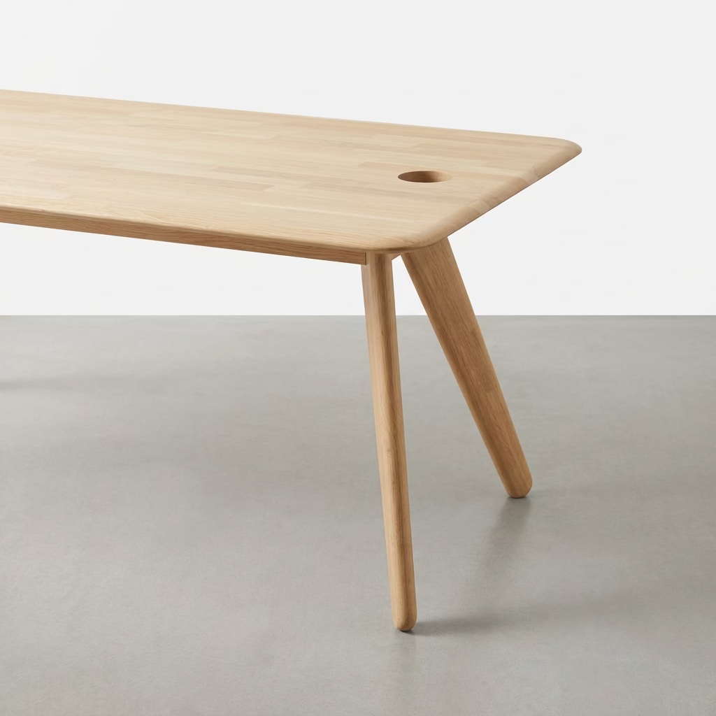 A rectangular solid oak Tom Dixon Slab Desk/Table with cord management, featuring four angled legs and two circular cable management ports on the surface.