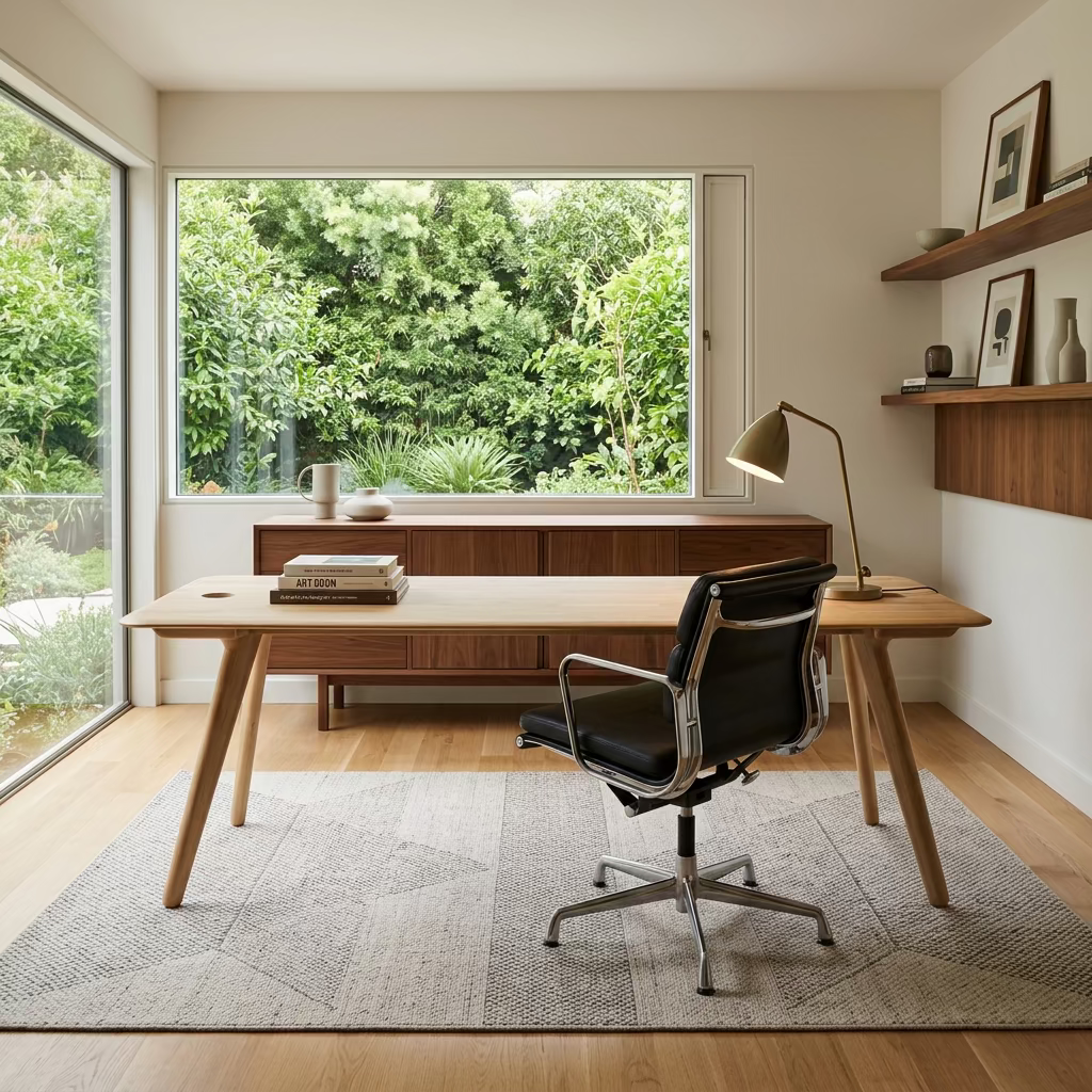 Tom Dixon Slab Desk/Table with cord management featuring a light-colored solid oak slab with rounded corners and circular cord management ports on each end.
