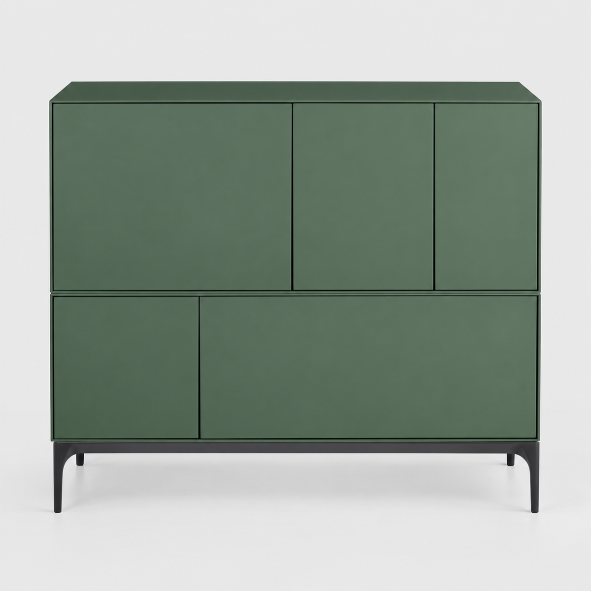 A sage green Treku Lauki cabinet featuring five asymmetrical doors and black metal legs in a contemporary design.