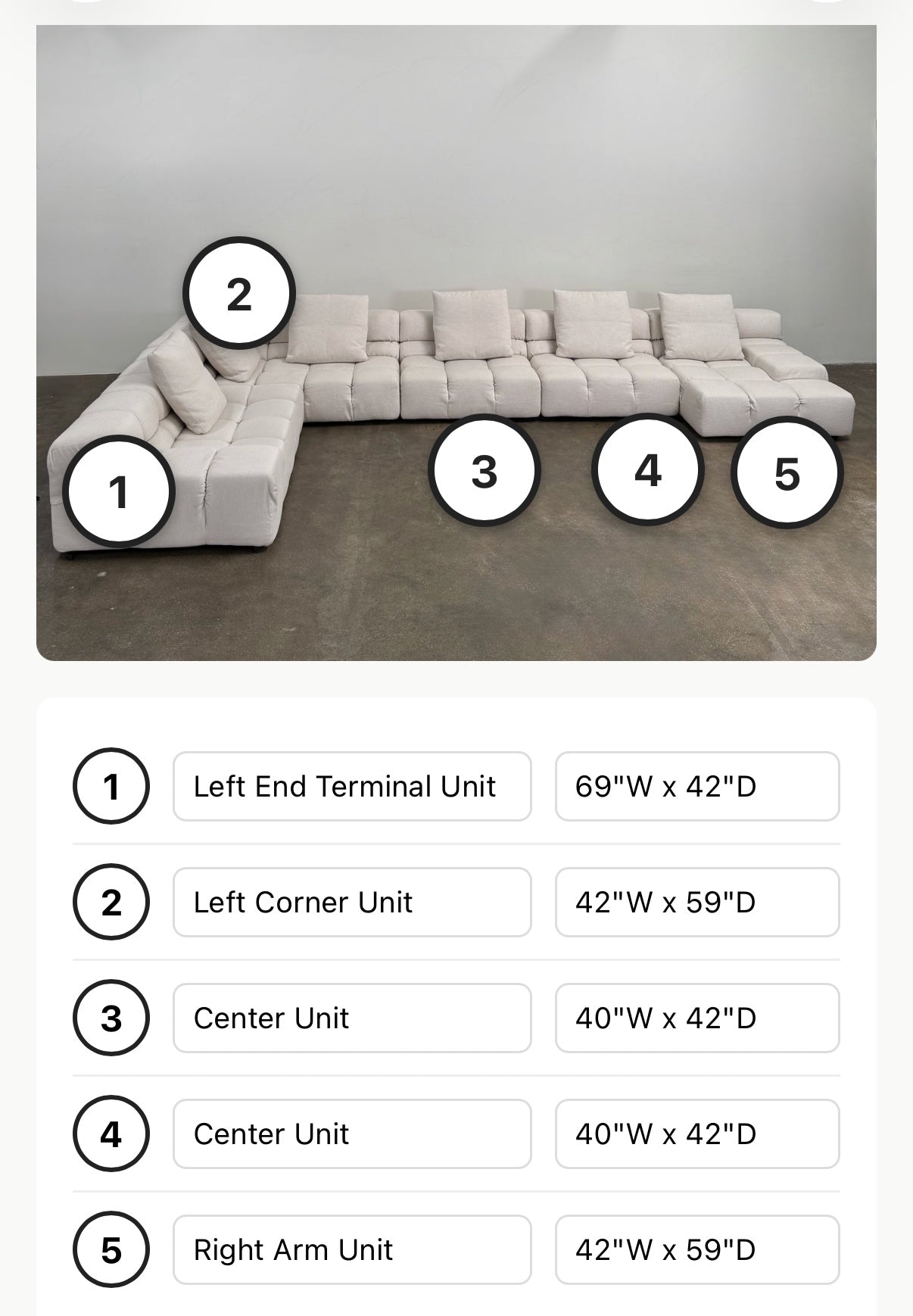 B&B Italia 5 Piece Tufty Time Sectional (r1) by B&B Italia, featuring a beige modular sofa with five numbered sections, each corresponding to detailed dimensions and descriptions listed below the image. Inspired by iconic designs such as the original B&B Italia sofa and Tufty Time sectional.
