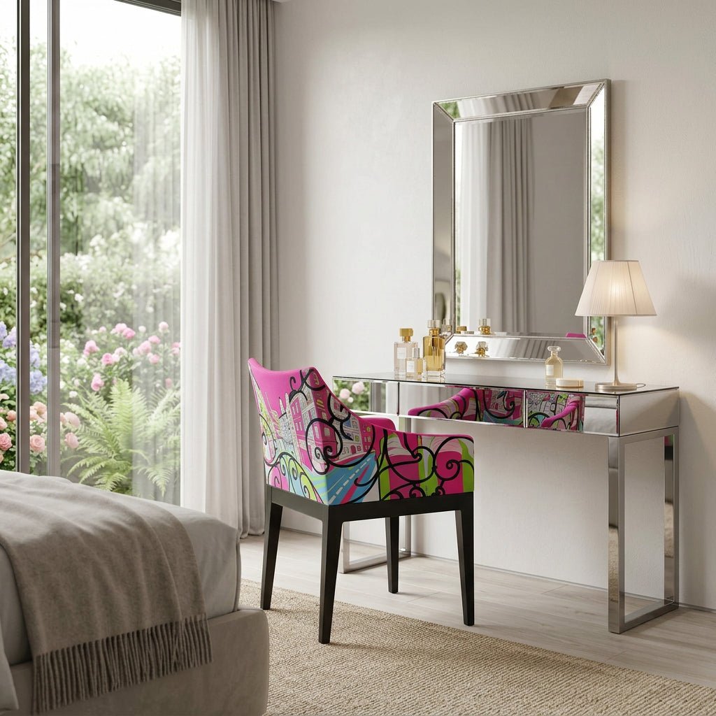 Kartell Madame Chair — World of Emilio Pucci Edition armchair with a bright pink upholstered seat and backrest on a black four-legged base.