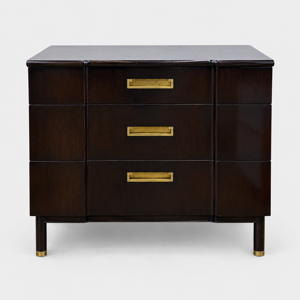 Vintage John Widdicomb Three Drawer Chest in dark wood, featuring three drawers with rectangular brass pulls and tapered legs.