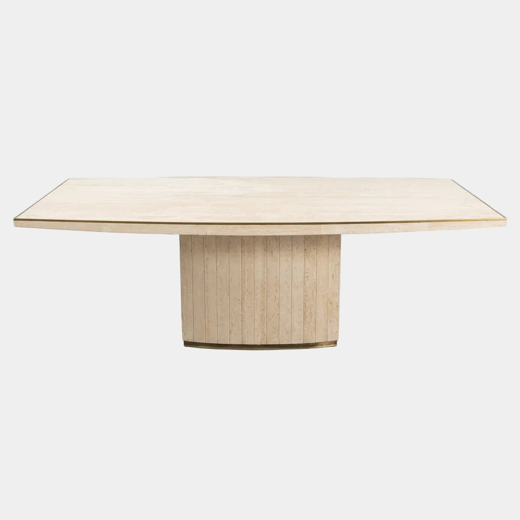 Rectangular Travertine and Brass Dining Table by Willy Rizzo with a brass edge inlay and a central column base.