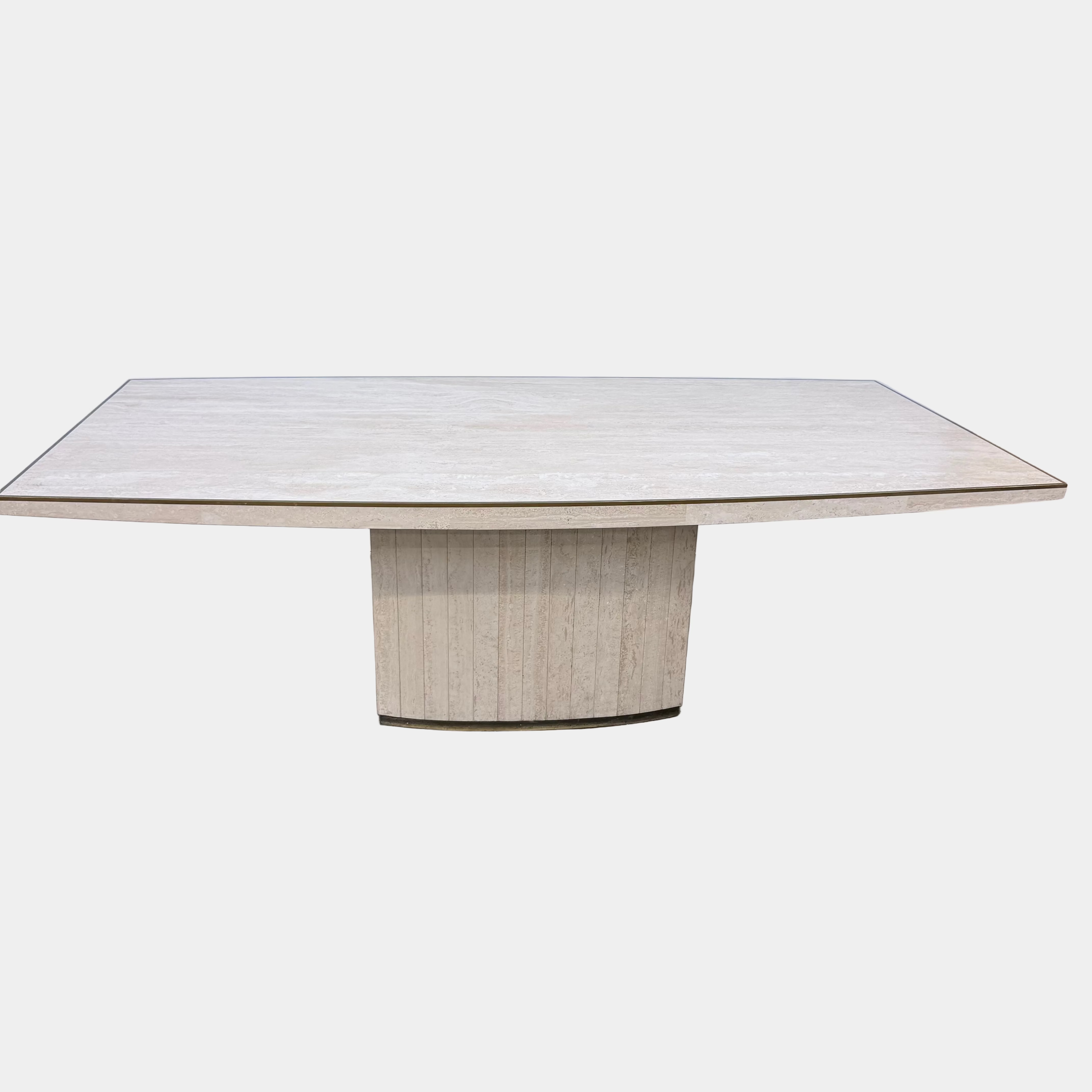 Rectangular Travertine and Brass Dining Table by Willy Rizzo with a brass edge inlay and a central column base.