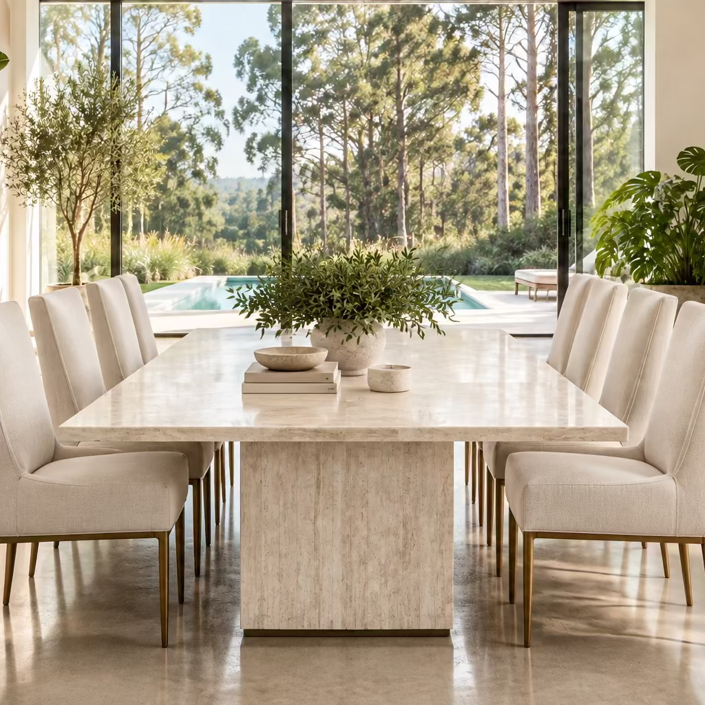 Rectangular Travertine and Brass Dining Table by Willy Rizzo with a brass edge inlay and a central column base.