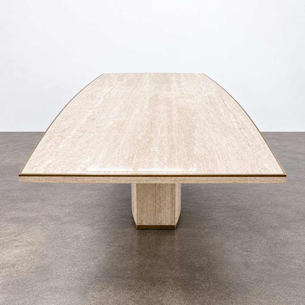 Rectangular Travertine and Brass Dining Table by Willy Rizzo with a brass edge inlay and a central column base.