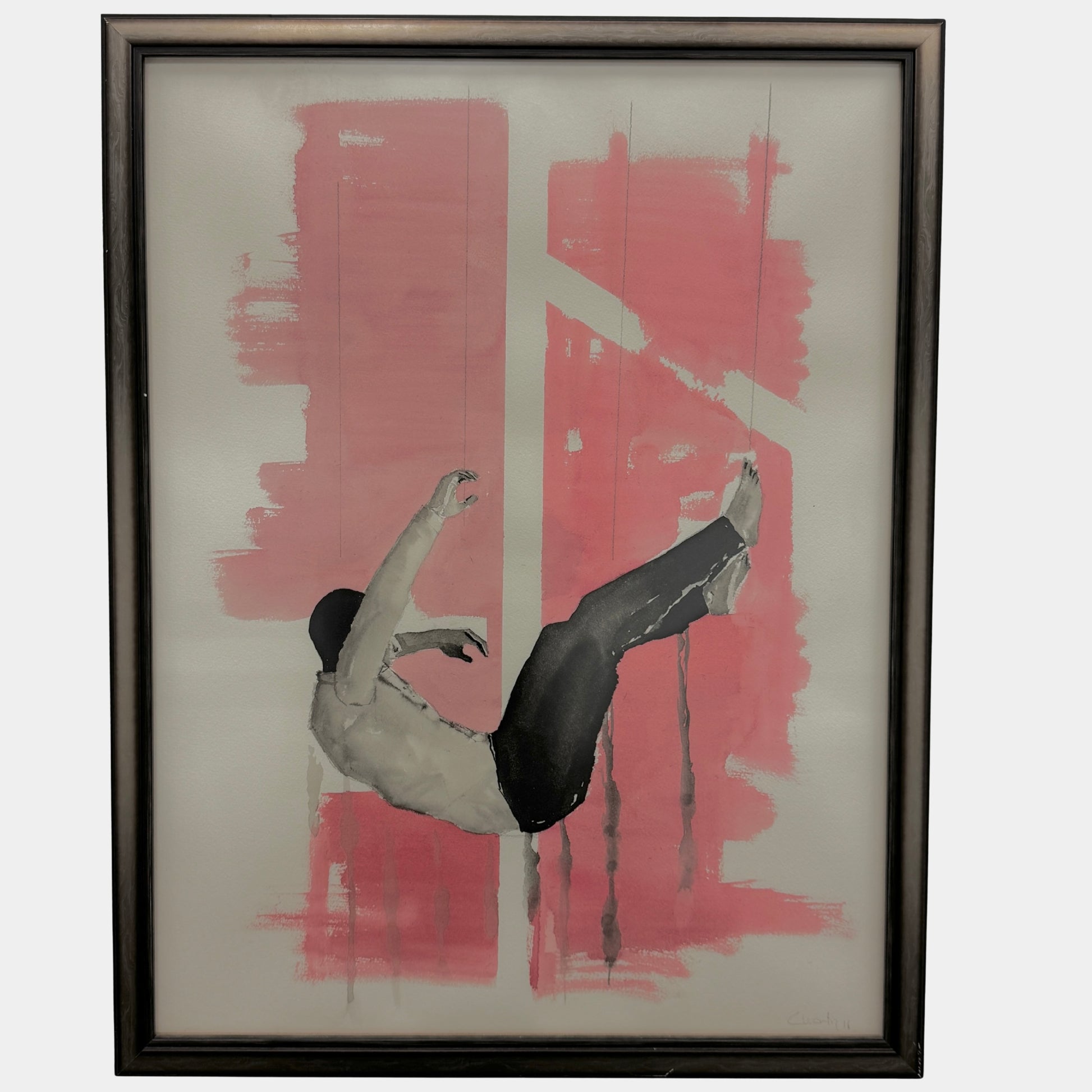 Framed Watercolor: Carlos Martin "Society 3" by Artist displays a person in a suit falling backward against a vivid red and white abstract background.
