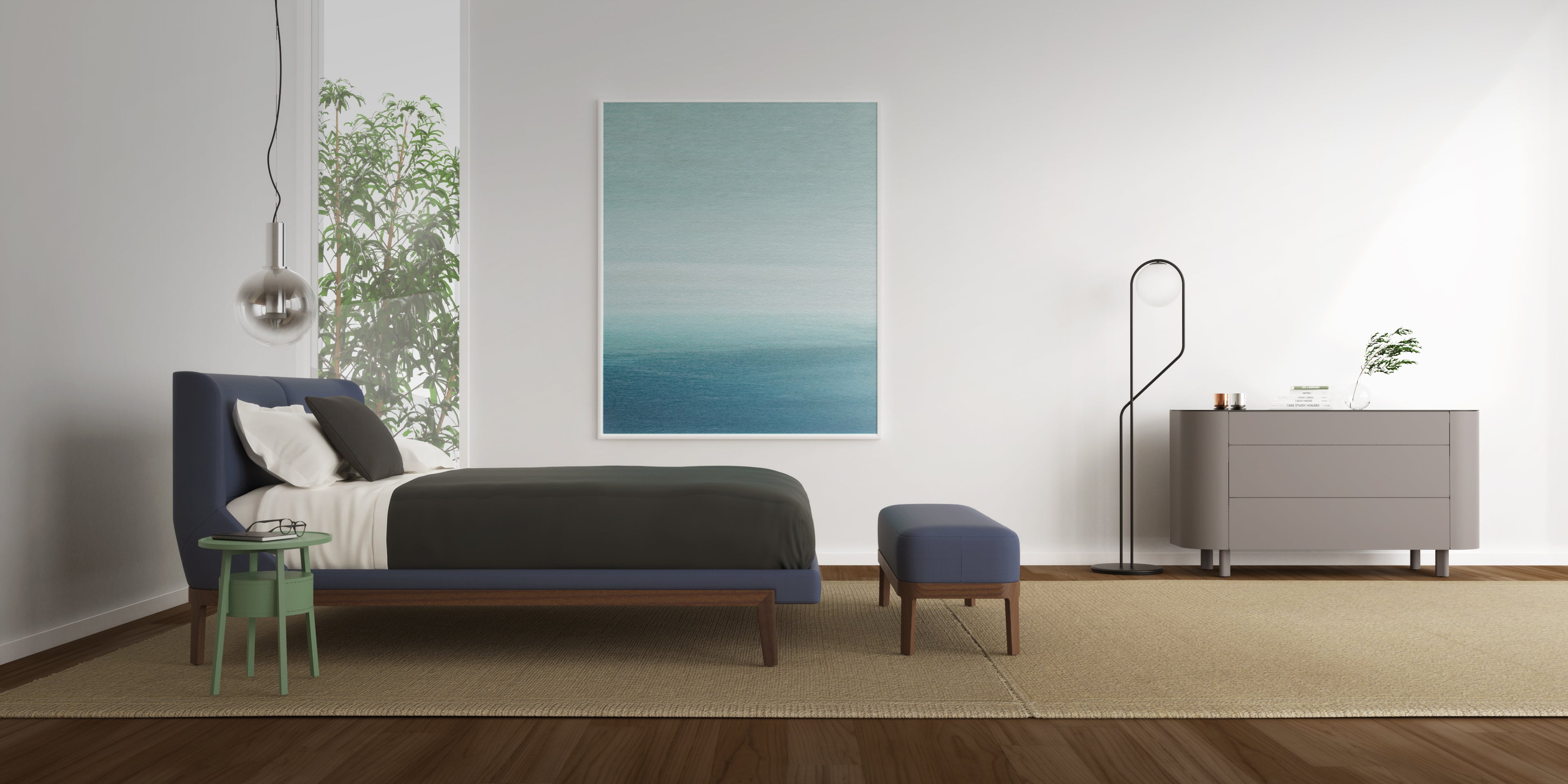 A bedroom with a blue bed and a plant on the floor.