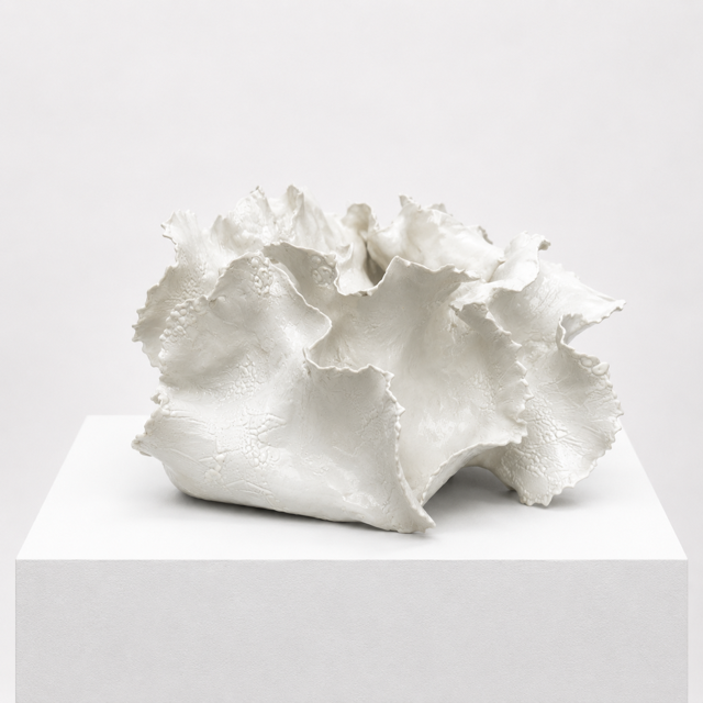 The Sofi Ceramics White Vessel Wave by Artist features ruffled, wavy edges and sits on a square pedestal, highlighting the elegance of handmade pottery against a simple background.