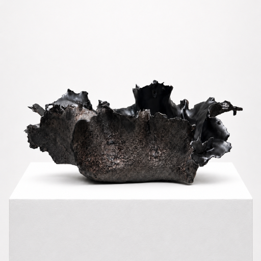 The Sofi Ceramics Black Vessel Wave by Artist, with its dark, jagged edges and irregular form, rests on a white pedestal against a plain backdrop, showcasing the sculptural beauty of this unique vessel.