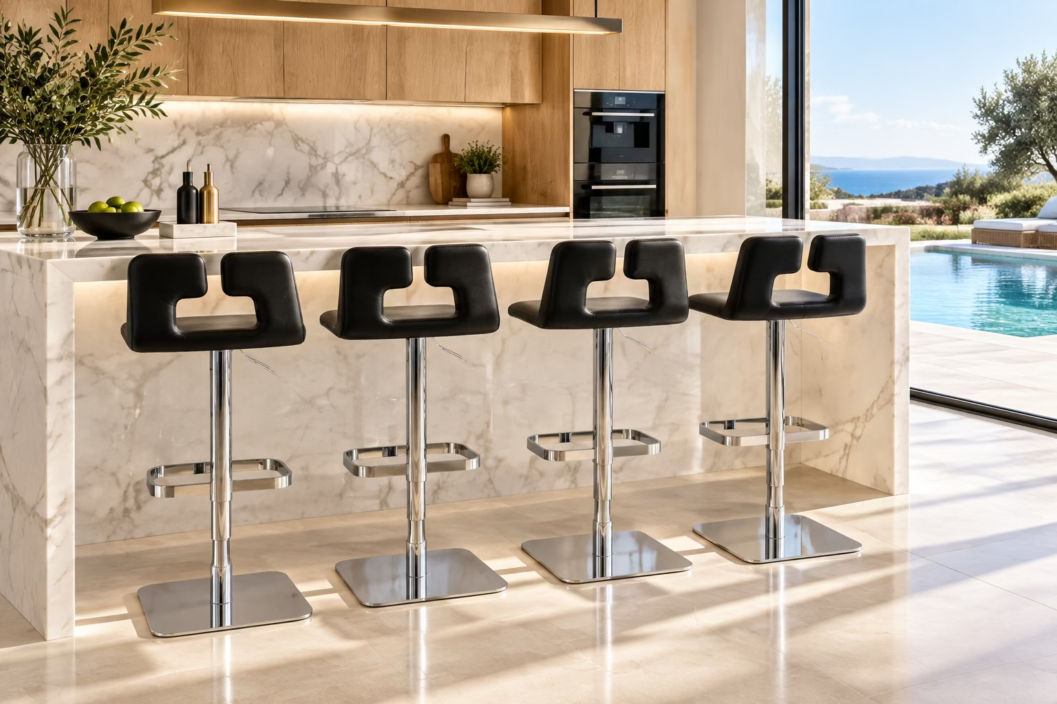 Four Poltrona Frau ALO Revolving Counter Height Adjustable Stools in black leather with chrome bases are arranged in a row, highlighting their modern design against a white background.