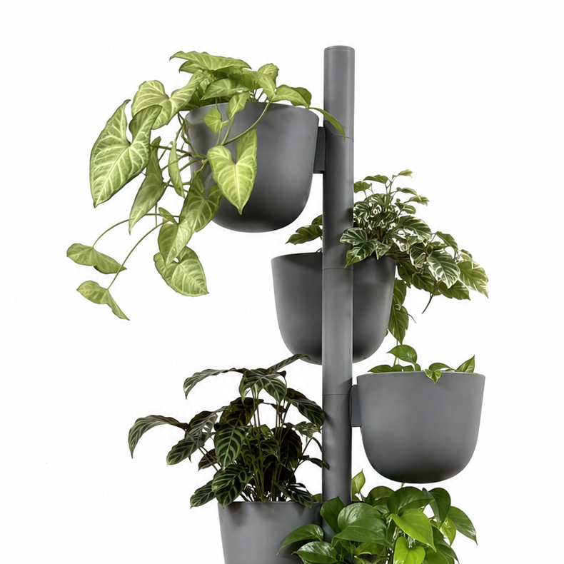The DWR Story Planter by DWR is a vertical metal plant stand featuring eight gray round pots arranged in a staggered pattern along a single pole with a square base, making it an ideal decorative planter for fans of vertical gardening.