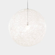 A Moooi Random Pendant suspension light with a white ball, reminiscent of the Moooi Random design, hanging from a light fixture.