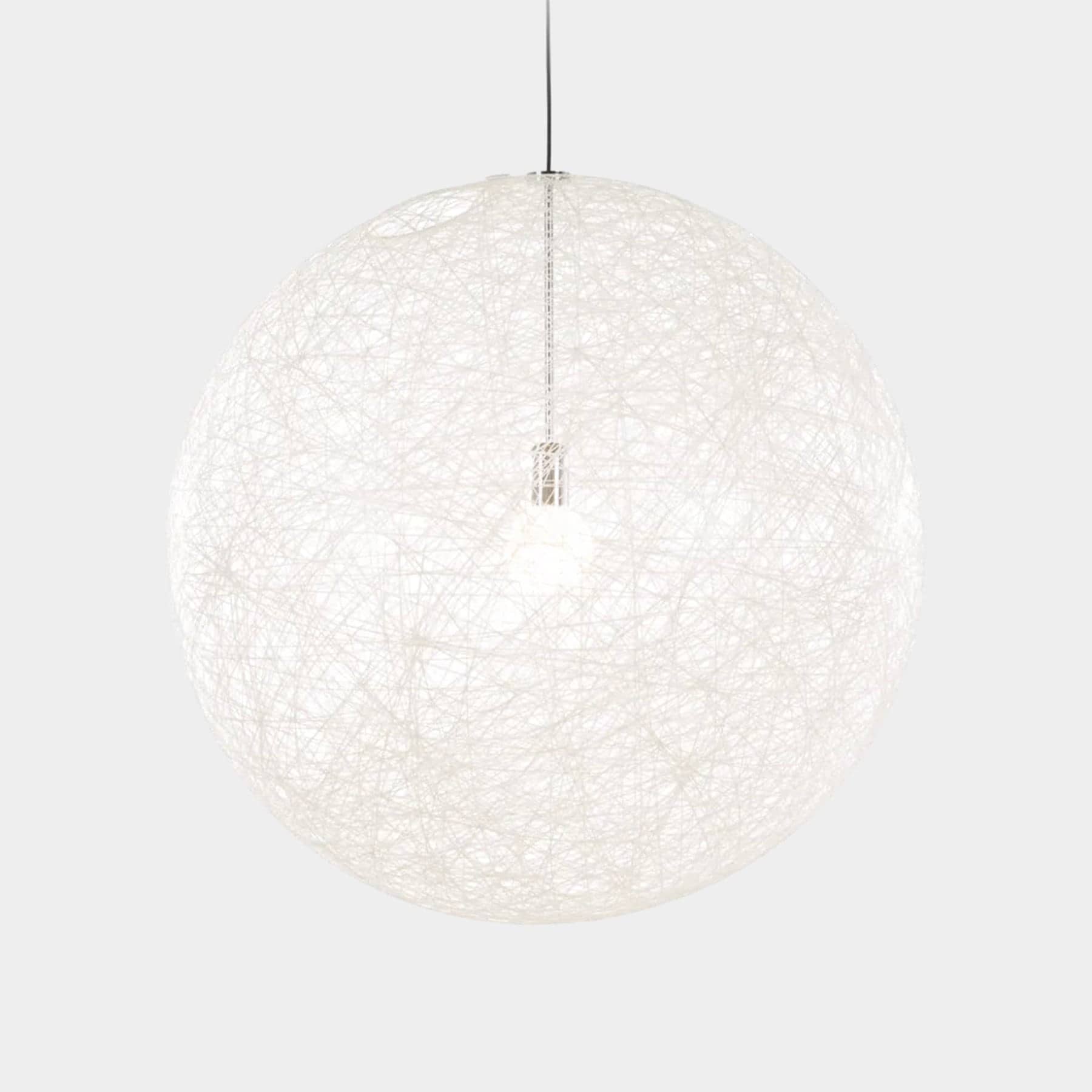A Moooi Random Pendant suspension light with a white ball, reminiscent of the Moooi Random design, hanging from a light fixture.