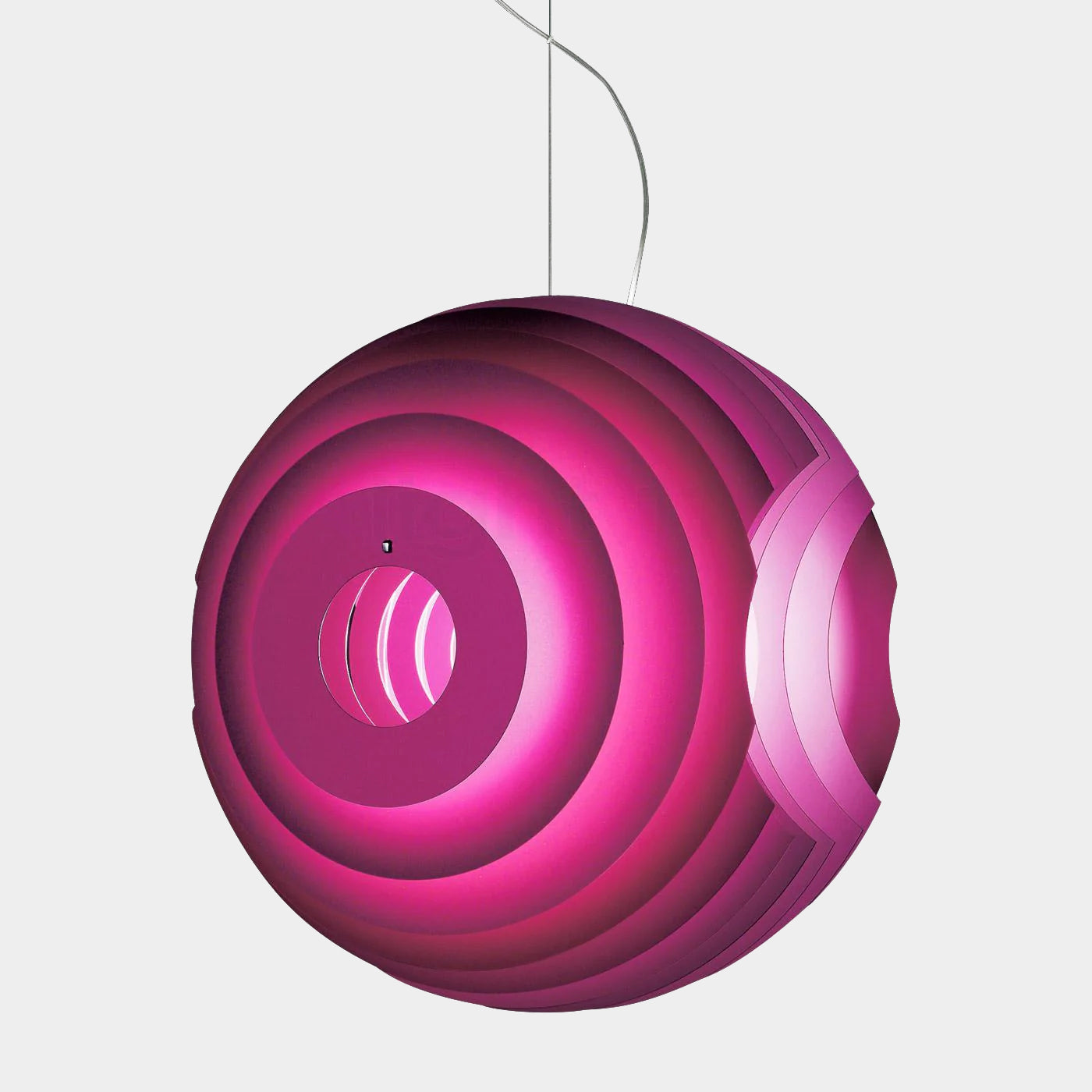 Modern Foscarini Supernova purple pendant light with concentric circular design.