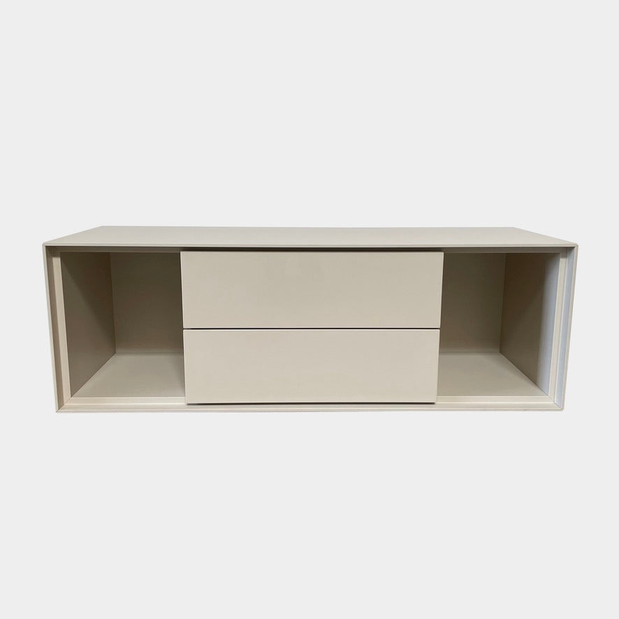 Modern white Dado Nightstand Set 2 with open storage and drawers, one with drawers closed and the other featuring push-to-open drawers from B&B Italia.