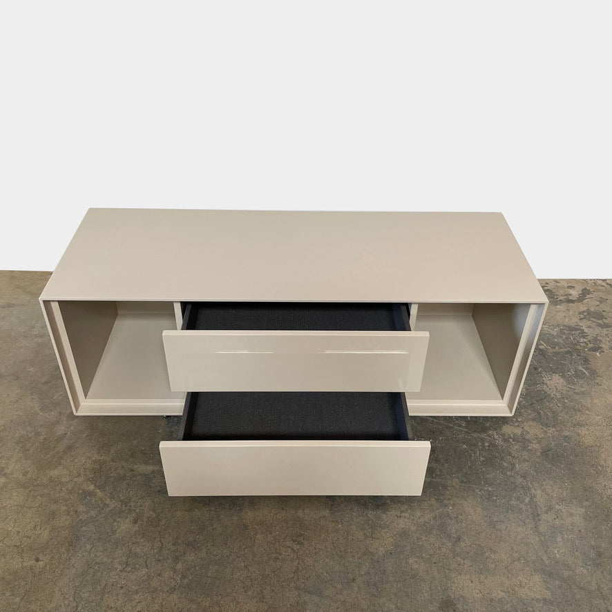 Modern white Dado Nightstand Set 2 with open storage and drawers, one with drawers closed and the other featuring push-to-open drawers from B&B Italia.