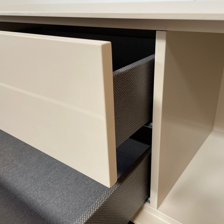 Modern white Dado Nightstand Set 2 with open storage and drawers, one with drawers closed and the other featuring push-to-open drawers from B&B Italia.