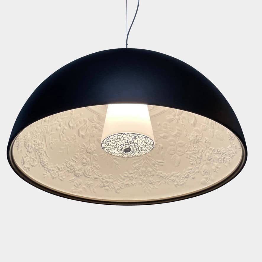 An ornate Flos Skygarden Suspension Light: Matte Rusty Brown pendant light with an interior shade.