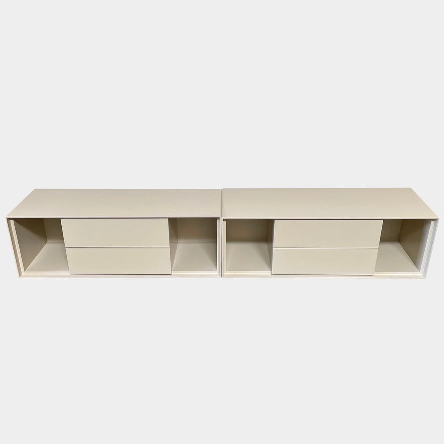 Modern white Dado Nightstand Set 2 with open storage and drawers, one with drawers closed and the other featuring push-to-open drawers from B&B Italia.