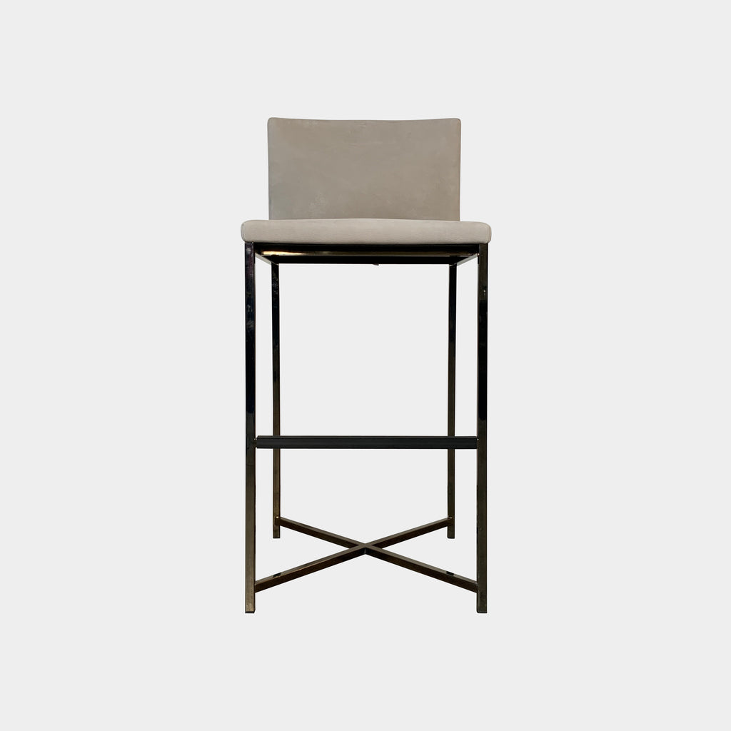 Three Minotti Flynt Bar Height Stools with metal legs on a white background.