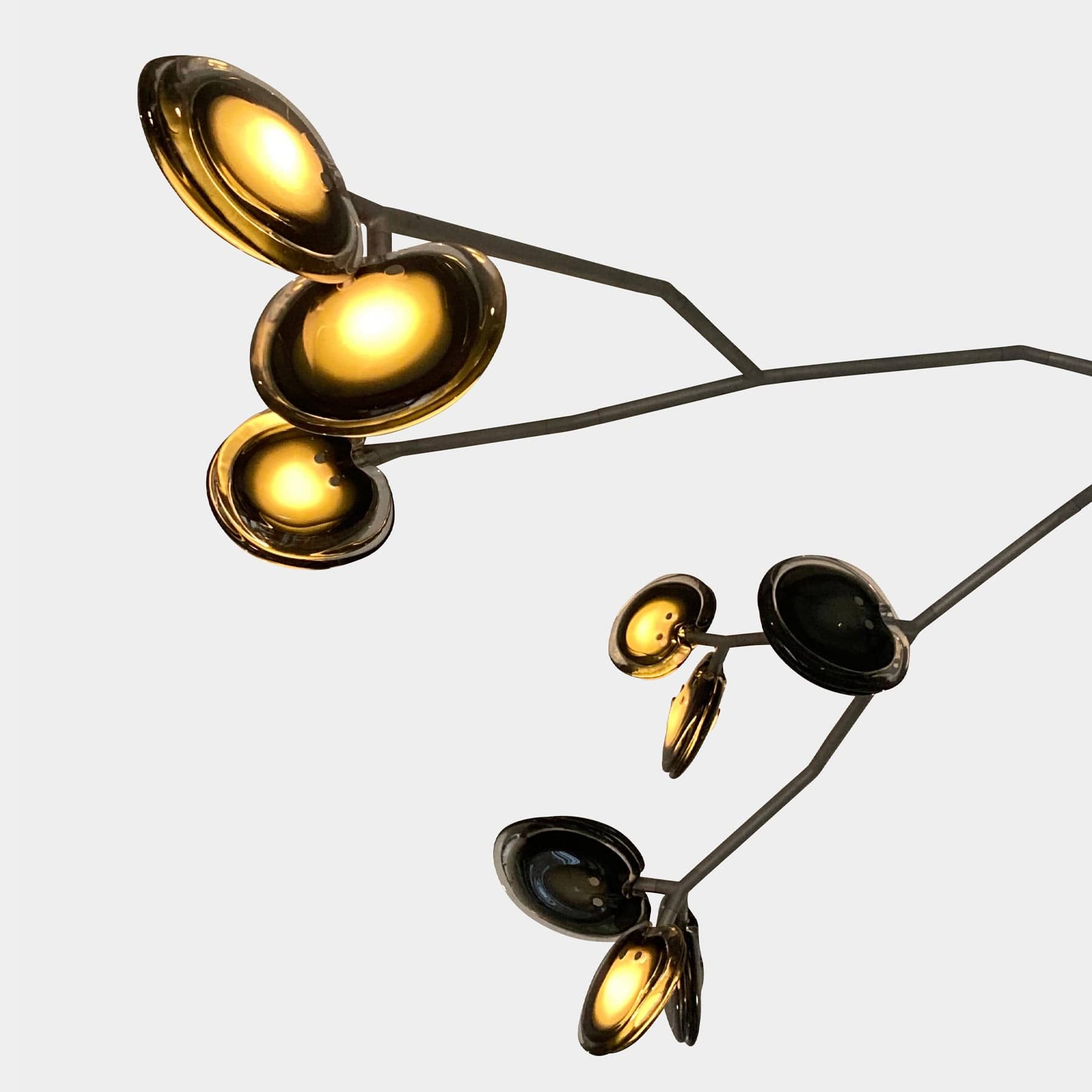The Bocci Armature Chandelier T16.17aA1 by Bocci features multiple black branches with round, illuminated bulbs extending from a central base, offering a modern ceiling light fixture design inspired by contemporary aesthetics.