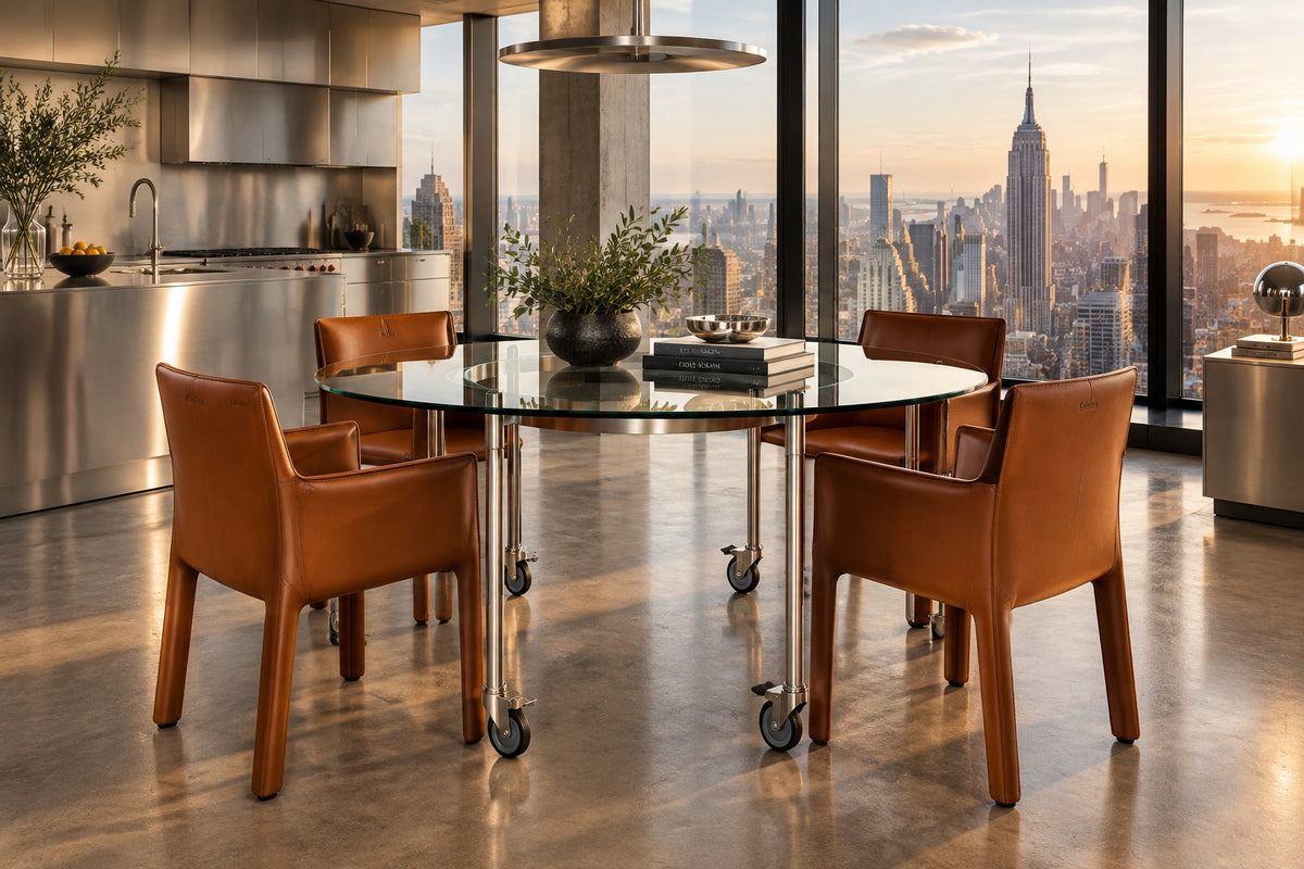 The Driade Ito Dining Table from Driade offers adaptability with its mobile design on wheels, making it easy to move around. It features a chrome base for a sleek and modern look.